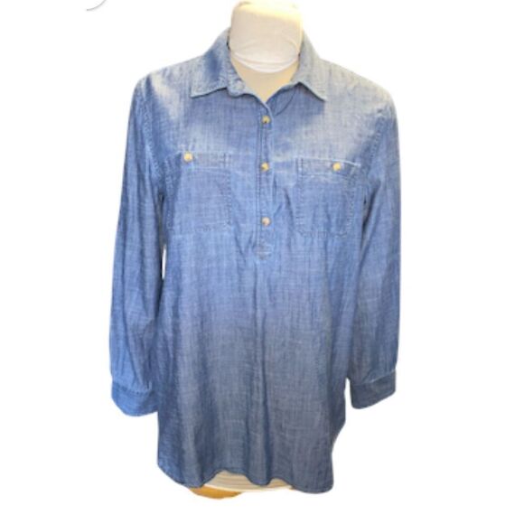 Caslon Chambray/Denim Popover Tunic Pockets Long Slv Weekend Packable Sz M - Picture 1 of 14